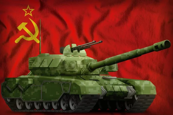 Βαρύ δεξαμενή με pixel παραλλαγής δάσους στο φόντο εθνική σημαία Σοβιετική Ένωση (Sssr, ΕΣΣΔ). 9 Μαΐου, ημέρα έννοια νίκη. 3D απεικόνιση — Φωτογραφία Αρχείου