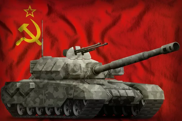 Carro armato pesante con mimetizzazione della città sullo sfondo della bandiera nazionale dell'Unione Sovietica (SSSR, URSS). 9 maggio, concetto del giorno della vittoria. Illustrazione 3d — Foto Stock