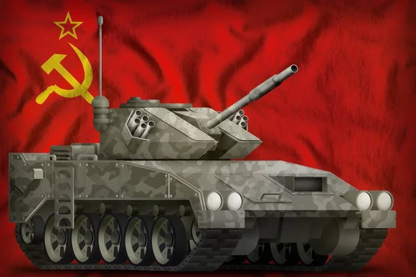 Leichter Panzer APC mit Stadttarnung auf dem Hintergrund der sowjetischen Nationalflagge (sssr, ussr). 9. Mai, Siegestag. 3D-Illustration — Stockfoto