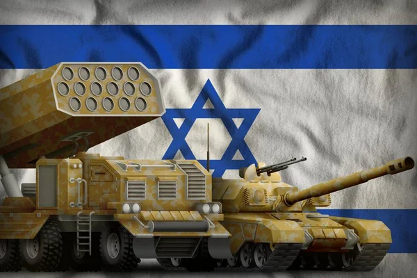 Artillería Tanques Cohetes Con Camuflaje Amarillo Fondo Bandera Israel Israel —  Fotos de Stock