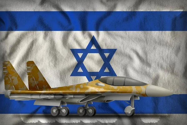 fighter, interceptor with desert camouflage on the Israel flag background. 3d Illustration
