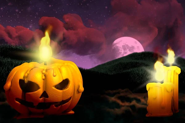 Halloween élénk hátborzongató éjszakai textúra - sütőtök gyertya a bal és két gyertya a jobb oldalon, ünnep koncepció - háttér design sablon 3d illusztráció — Stock Fotó