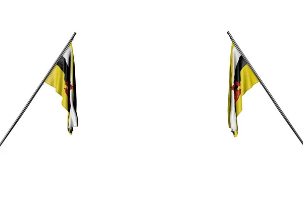 Bonito dois Brunei Darussalam bandeiras penduradas em pólos de canto de dois lados isolados no branco qualquer ocasião bandeira ilustração 3d — Fotografia de Stock