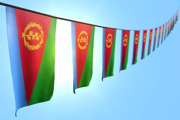 Χαριτωμένο πολλές σημαίες Ερυθραία ή πανό κρέμονται διαγώνια σε string στο μπλε φόντο του ουρανού με bokeh - κάθε σημαία διακοπών 3d εικονογράφηση — Φωτογραφία Αρχείου