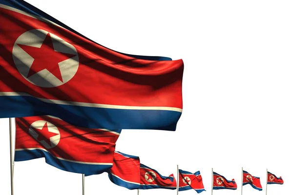Krásný mnoho severokorejských vlajek umístěn úhlopříčně izolované na bílém s prostorem pro text - jakékoliv rekreační vlajky 3d ilustrace — Stock fotografie