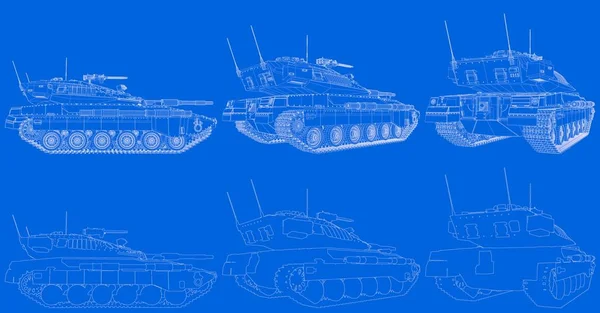 Blueprint of outlined isolated 3D tank with not existing design, high detail army forces concept - military 3D Illustration — Stock Photo, Image