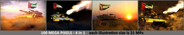 United Arab Emirates army concept - 4 very high resolution pictures of modern tank with fictional design with United Arab Emirates flag, military 3D Illustration