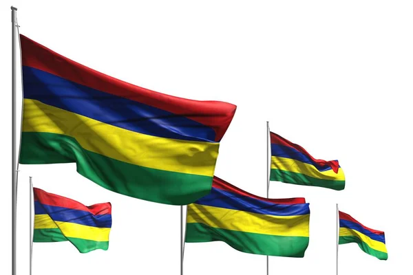 Ωραία πέντε σημαίες του Μαυρίκιου κυματίζουν απομονωμένη σε λευκό - κάθε περίσταση σημαία 3d εικόνα — Φωτογραφία Αρχείου