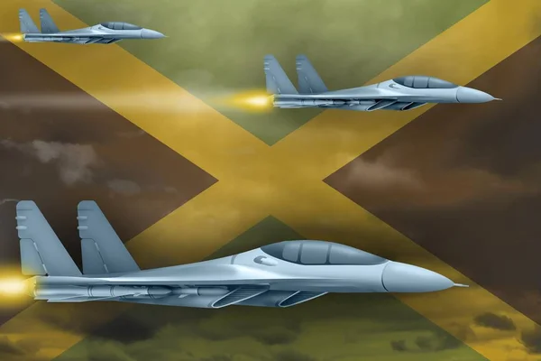 Jamajský koncept útoku letectva. Letadla útočí na pozadí Jamajky. 3D ilustrace — Stock fotografie