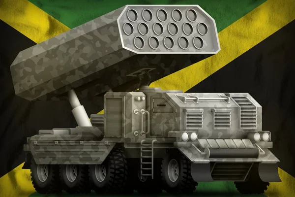 Artillerie fusée, lance-missiles avec camouflage gris sur le fond du drapeau national jamaïcain. Illustration 3d — Photo