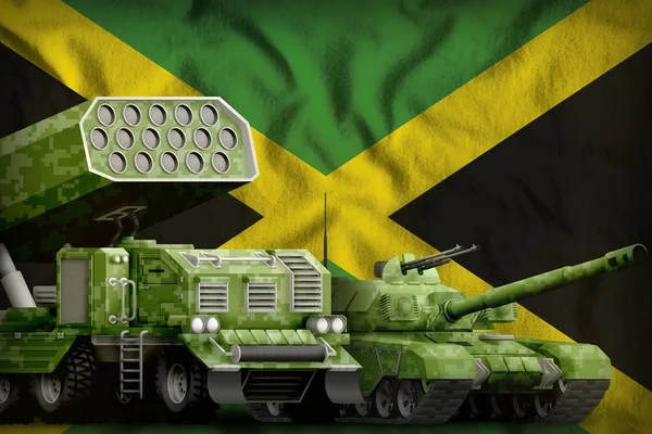 Концепція важкої військової броньованої машини Ямайки на національному прапорі. 3d Illustration — стокове фото