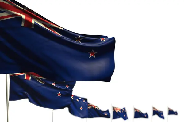 Banderas bastante aisladas de Nueva Zelanda colocadas diagonal, ilustración con enfoque suave y espacio para el contenido - cualquier ocasión bandera 3d ilustración — Foto de Stock