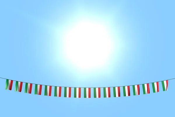 Ganska många Ungern flaggor eller banderoller hängande på rep på blå himmel bakgrund - någon firande flagga 3d illustration — Stockfoto