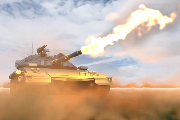 Militaire 3d Illustratie van zware tank met niet echt ontwerp in de oorlog schieten in de woestijn, gedetailleerde dienen en beschermen concept — Stockfoto