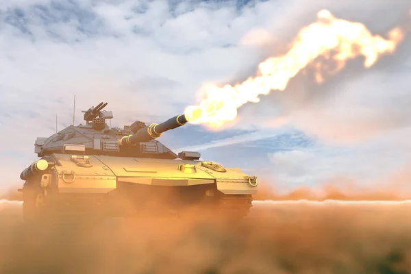 Militärische 3D-Illustration von schwerem Panzer mit nicht echtem Design bei Kriegsaufnahmen in der Wüste, detailliertes Konzept zum Schutz von Soldaten und Soldaten — Stockfoto