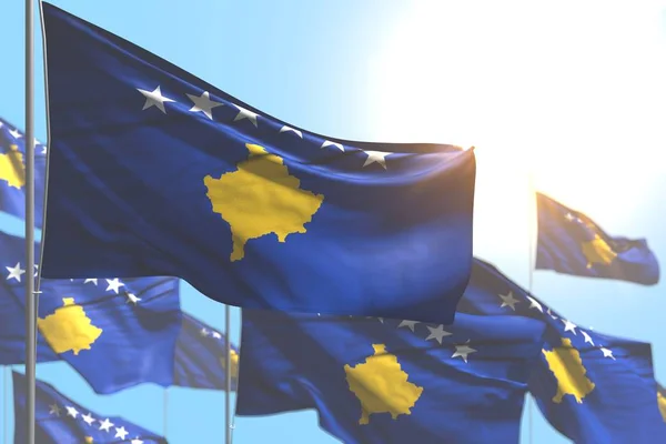 Bonito muitas bandeiras Kosovo são onda contra foto céu azul com foco suave - qualquer bandeira celebração ilustração 3d — Fotografia de Stock