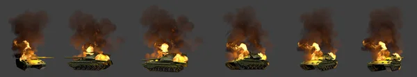 Tank med fiktiv design i lågor skadade i strid isolerad på mörkgrå bakgrund, militär 3d Illustration för tung rustning koncept — Stockfoto