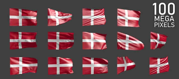 14 diverse immagini della bandiera danese isolate su sfondo grigio - Illustrazione 3D di oggetti — Foto Stock