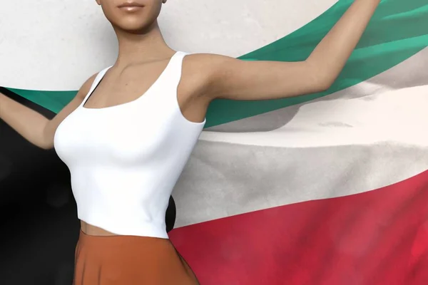 Pretty lady in bright skirt holds Kuwait flag in hands behind her back on the white background - flag concept 3d illustration — Stock Photo, Image