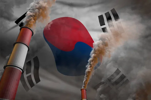 República de Corea (Corea del Sur) lucha contra la contaminación concepto - dos enormes chimeneas de plantas con humo pesado en el fondo de la bandera, ilustración industrial 3D —  Fotos de Stock