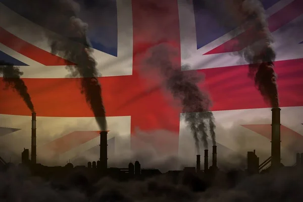 Poluição escura, luta contra o conceito de mudança climática - tubos de fábrica fumaça densa no Reino Unido (Reino Unido) fundo bandeira - ilustração 3D industrial — Fotografia de Stock