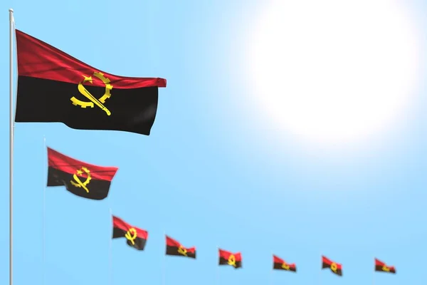 Cute many Angola flags placed diagonal with soft focus and free space for your text - any holiday flag 3d illustration — Stock Photo, Image