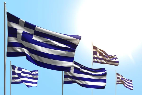 Bonito 5 bandeiras de Greece são onda no fundo azul do céu - qualquer bandeira de férias ilustração 3d — Fotografia de Stock