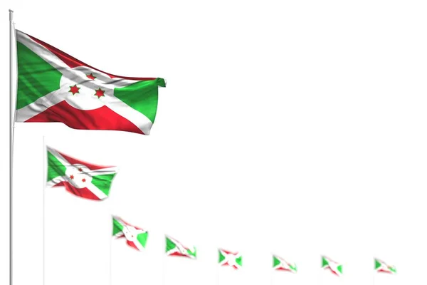 Graziose bandiere isolate del Burundi poste in diagonale, immagine con messa a fuoco selettiva e spazio per il testo qualsiasi bandiera celebrazione illustrazione 3d — Foto Stock