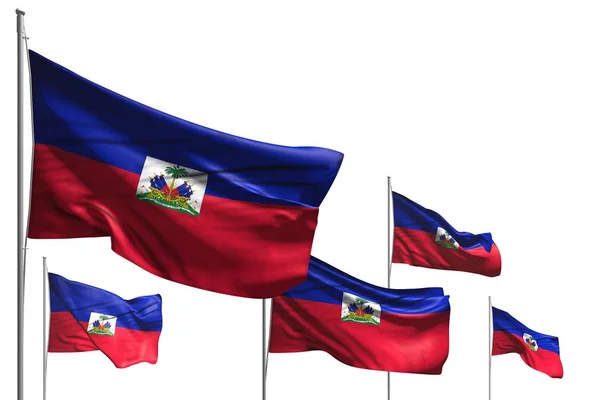 Wonderful five flags of Haiti are wave isolated on white - any celebration flag 3d illustration — Stock Photo, Image
