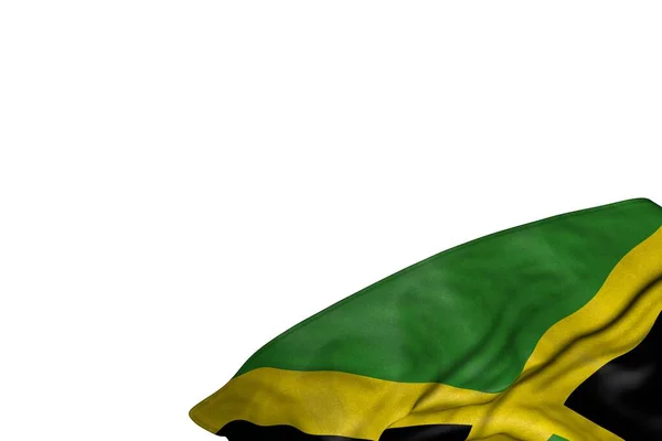 Bandeira agradável Jamaica com grandes dobras deitado plano no canto inferior direito isolado no branco - qualquer ocasião bandeira ilustração 3d — Fotografia de Stock