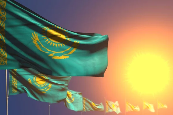 Krásná řada kazašských vlajek při západu slunce umístěna úhlopříčka s bokeh a místo pro váš text - jakékoliv oslavy vlajky 3d ilustrace — Stock fotografie