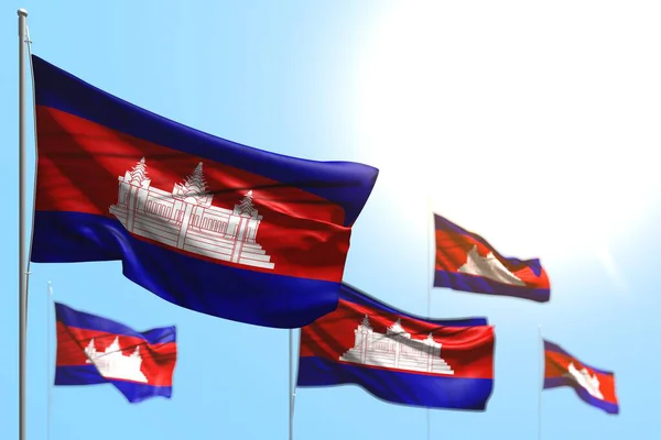 Bonito 5 banderas de Camboya ondean contra el cielo azul foto con enfoque selectivo - cualquier fiesta bandera 3d ilustración — Foto de Stock