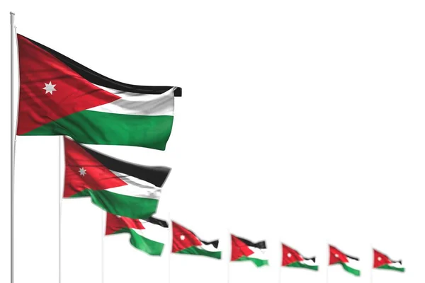 Ωραία Ιορδανία απομονωμένες σημαίες τοποθετούνται διαγώνια, φωτογραφία με bokeh και θέση για το κείμενό σας - κάθε σημαία διακοπών 3d εικόνα — Φωτογραφία Αρχείου