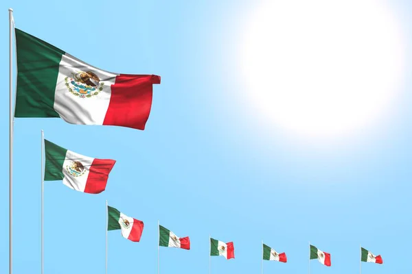 Nice many Mexico flags placed diagonal on blue sky with space for content - any feast flag 3d illustration — Stock Photo, Image