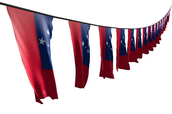 Lindo muchas banderas de Samoa o pancartas colgando diagonal con vista de perspectiva en cuerda aislada en blanco - cualquier celebración bandera 3d ilustración — Foto de Stock