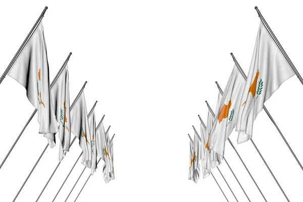 Assez nombreux drapeaux chypriotes suspendus sur des poteaux diagonaux des côtés gauche et droit isolés sur blanc - n'importe quel drapeau de célébration illustration 3D — Photo