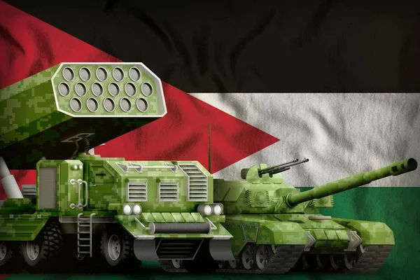 Jordan heavy military armored vehicles concept on the national flag background. 3d Illustration