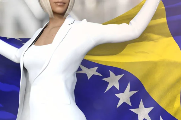Bonita dama de negocios sostiene la bandera de Bosnia y Herzegovina en las manos detrás de su espalda en el fondo del edificio de oficinas - concepto de la bandera 3d ilustración — Foto de Stock