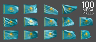 Kazakistan bayrağı izole edildi - gri arkaplanda dalgalanan bayrağın çeşitli resimleri - nesne 3d illüstrasyon