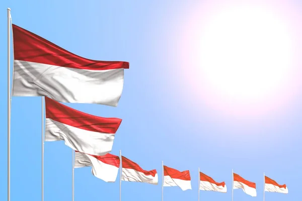 Schattig veel Indonesië vlaggen geplaatst diagonaal op blauwe hemel met plaats voor uw tekst - elke viering vlag 3d illustratie — Stockfoto