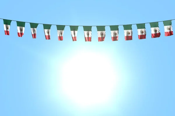 Dość wiele flagi Meksyku lub banery wisi na sznurku na tle niebieskiego nieba - dowolna flaga wakacje 3d ilustracja — Zdjęcie stockowe