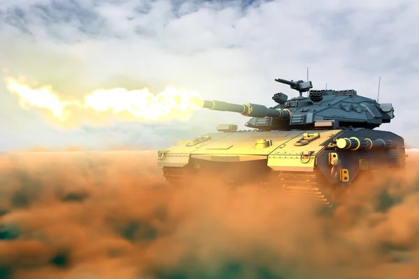 Moderne tank met ontwerp dat niet bestaat vechten scheuten in de woestijn, zeer hoge resolutie leger krachten concept - militaire 3d Illustratie — Stockfoto