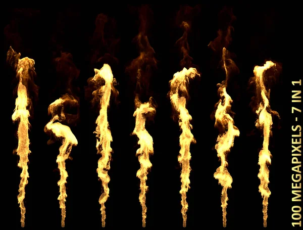 Ejderha nefesi ya da alev püskürtücü ateşi - 7 sevimli çok yüksek çözünürlüklü siyah zemin üzerinde izole resimler, büyük ölçekli nesnelerin 3D çizimi — Stok fotoğraf