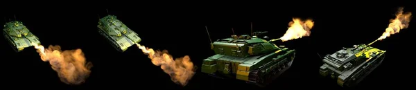 Savaşta bulunmayan tasarımla izole edilmiş orman kamuflaj tankının askeri 3D görüntüsü, siyah üzerine yüksek detaylı ağır zırh konsepti. — Stok fotoğraf