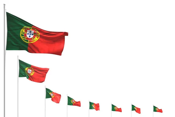Beautiful many Portugal flags placed diagonal isolated on white with place for your text - any holiday flag 3d illustration — Stock Photo, Image