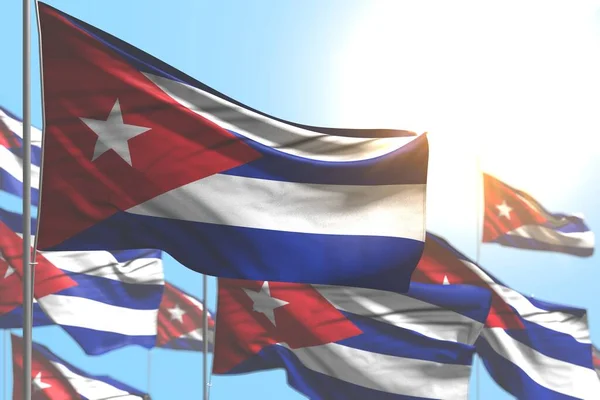 かなり多くのキューバの国旗が青い空のイメージに対して柔らかい焦点で手を振っています-どんな祝宴の旗3Dイラスト — ストック写真