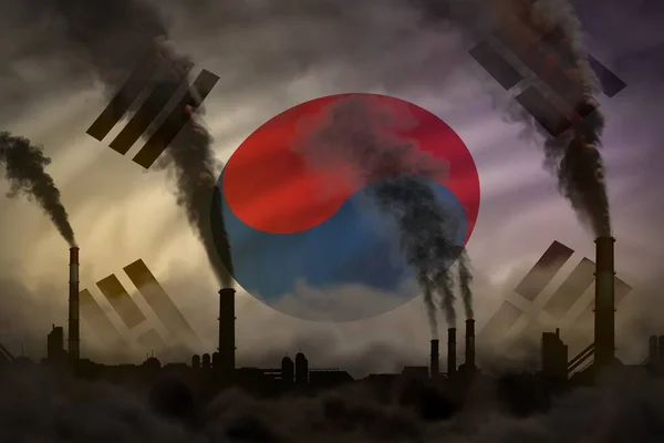 Mörk förorening, kampen mot klimatförändringar koncept - industriell 3D-illustration av växtrör tung rök på Republiken Korea (Sydkorea) flagga bakgrund — Stockfoto