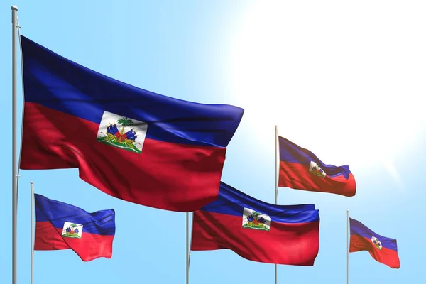 Güzel 5 Haiti bayrağı mavi gökyüzü arka planında dalgalanıyor - herhangi bir bayrak 3D illüstrasyon — Stok fotoğraf