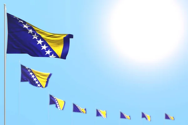 Schattig veel Bosnië en Herzegovina vlaggen geplaatst diagonaal met selectieve focus en vrije plaats voor inhoud - elke vakantie vlag 3d illustratie — Stockfoto