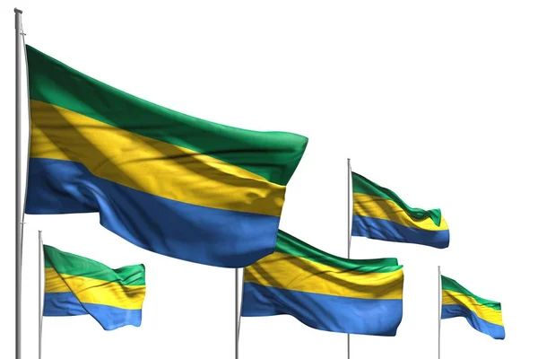 Gabon 'un beş bayrağı beyaz üzerine izole edilmiş bir şekilde sallanıyor - herhangi bir bayram bayrağı 3D çizimi — Stok fotoğraf